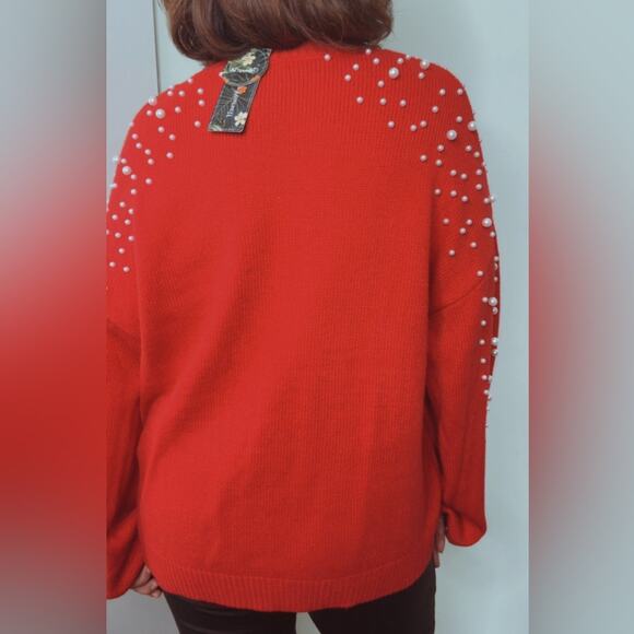 Red Sweater Faux Pearl Studded Lantern Sleeves Cozy Knit Pullover NWT Large - Picture 4 of 15